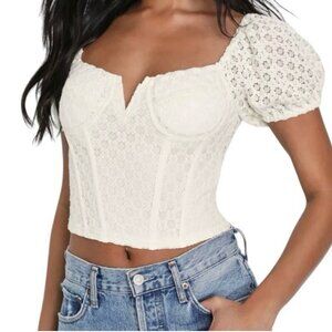 Lulus Womens Romantic Darling Lace Puff Sleeve Corset Top For Women Cream Size L
